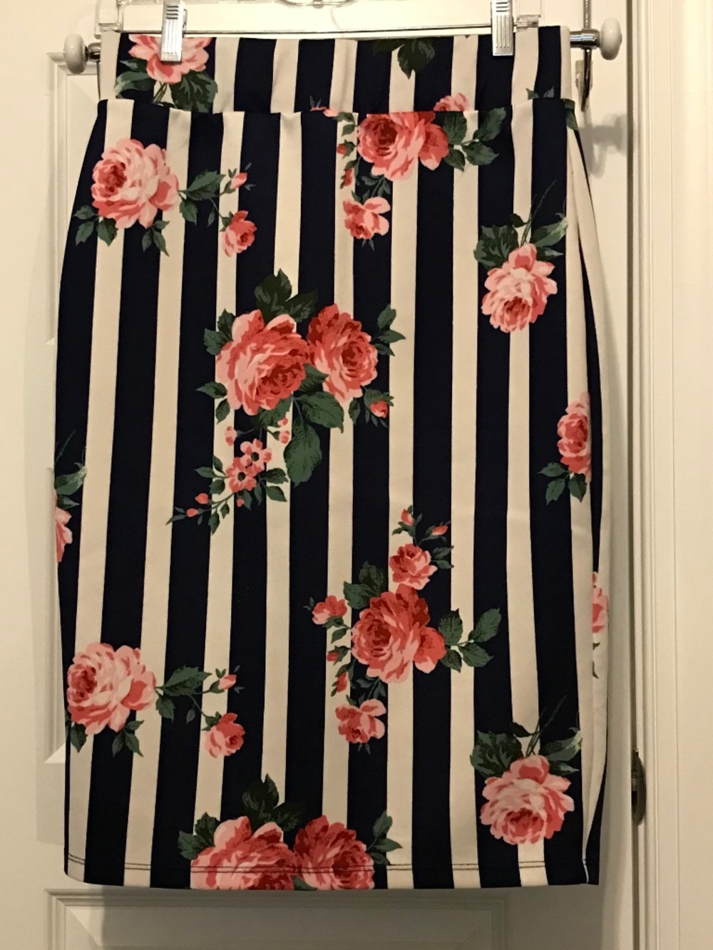 Fig & Blu navy & white striped midi skirt with pink floral rose pattern (L)